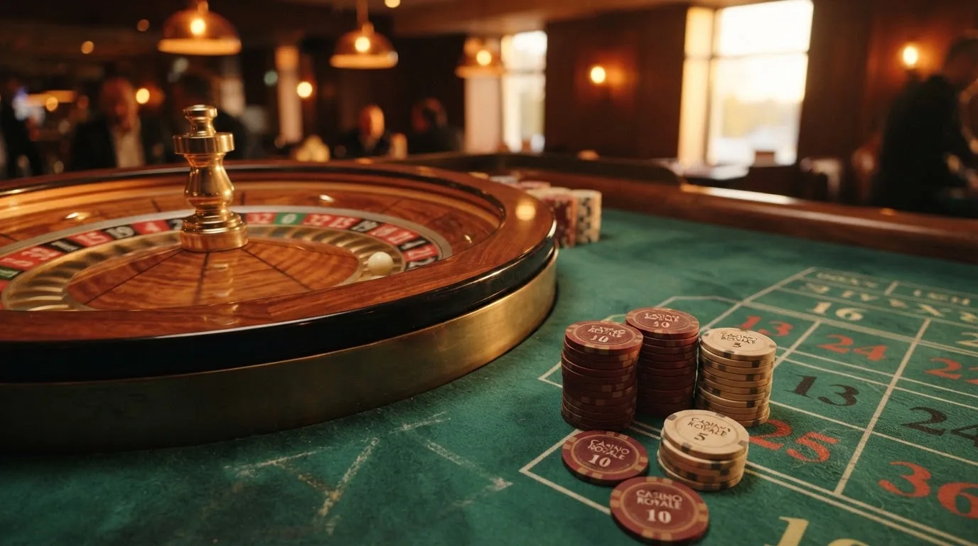 Roda de roleta e fichas sobre feltro verde, sob uma luz quente de fim de tarde — 1 euro casino em portugal
