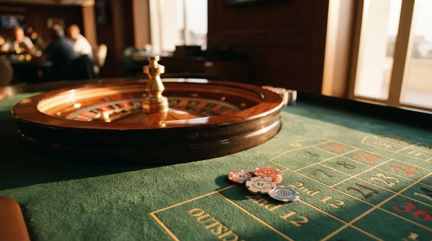 Roda de roleta e fichas sobre feltro verde, sob uma luz quente de fim de tarde — 10 euro casino em portugal