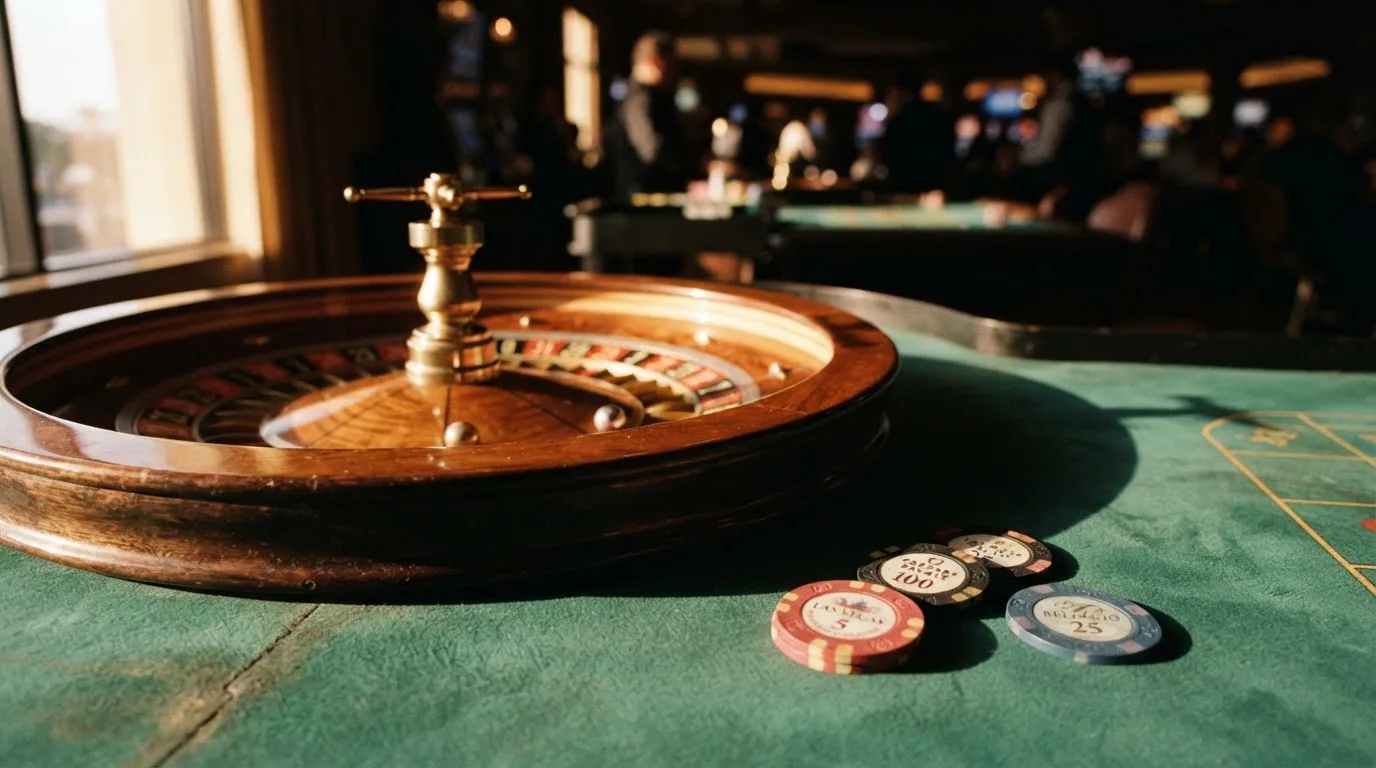 Roda de roleta e fichas sobre feltro verde, sob uma luz quente de fim de tarde — 20 euro casino em portugal