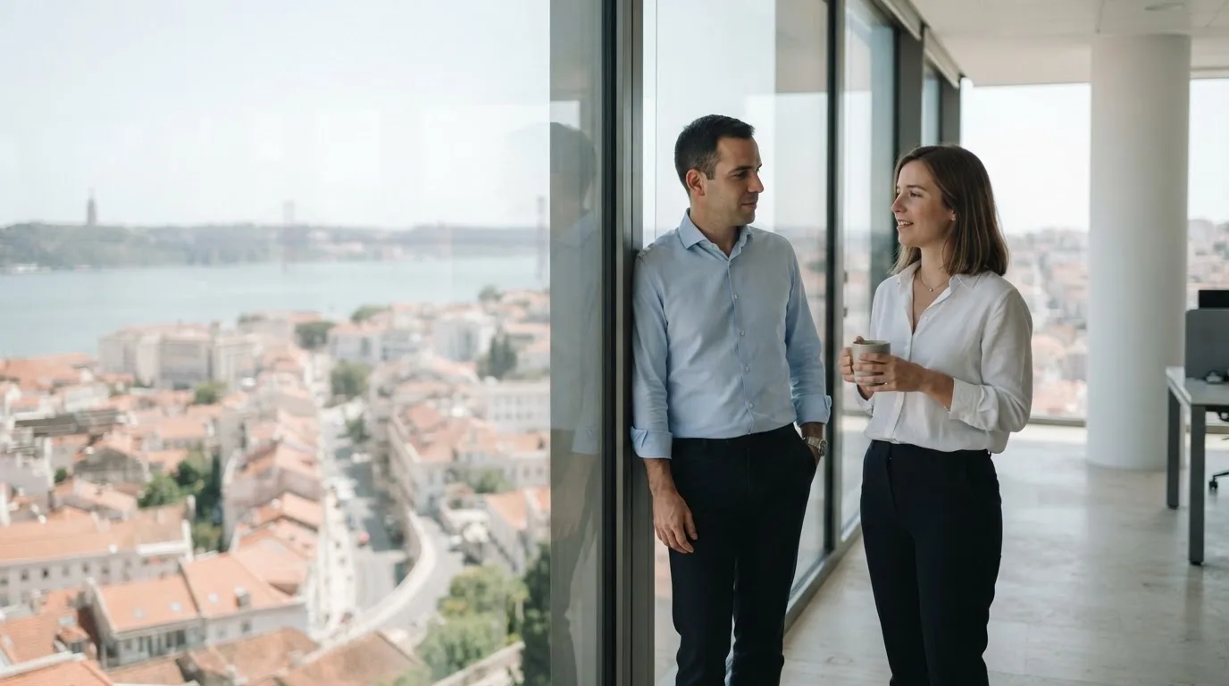 Duas pessoas de camisa a conversar junto a uma janela grande de um escritório público, com a cidade de Lisboa desfocada atrás.