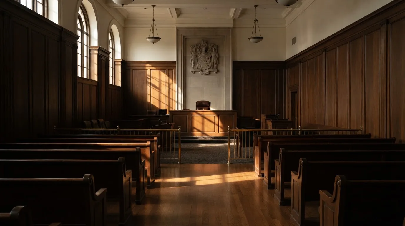 Sala de tribunal vazia com painéis de madeira, à luz da manhã — blackjack ao vivo em portugal