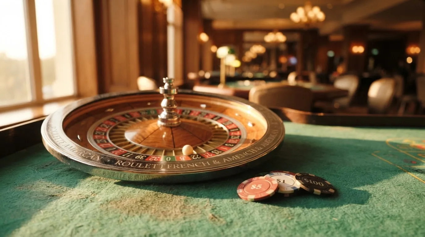 Roda de roleta e fichas sobre feltro verde, sob uma luz quente de fim de tarde — blackjack ao vivo em portugal