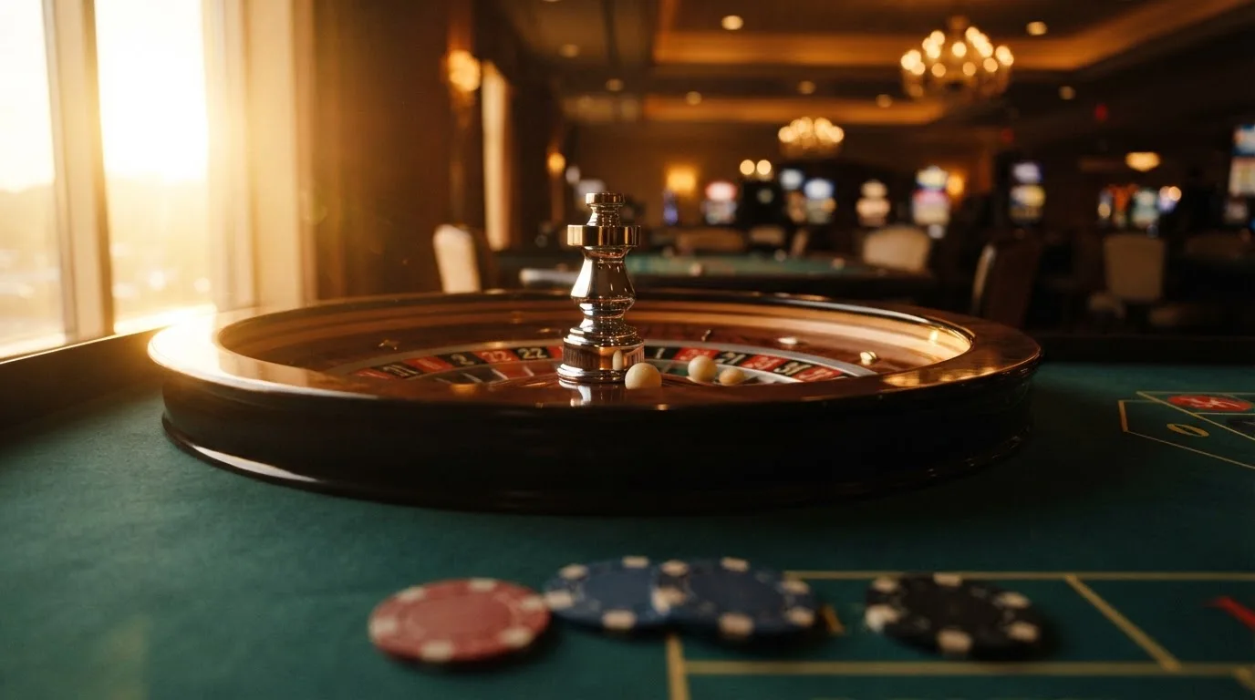 Roda de roleta e fichas sobre feltro verde, sob uma luz quente de fim de tarde — blackjack casinos em portugal