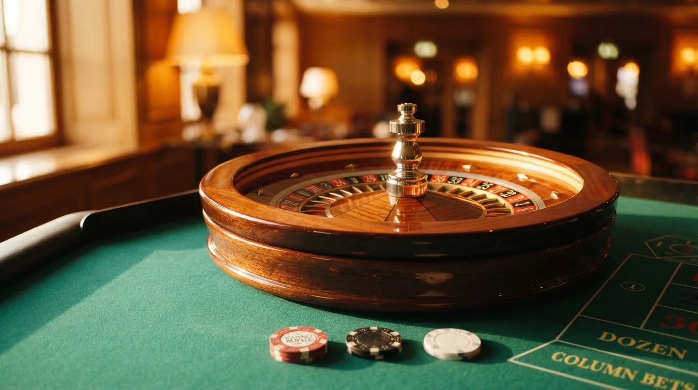 Roda de roleta e fichas sobre feltro verde, sob uma luz quente de fim de tarde — blackjack online casino em portugal