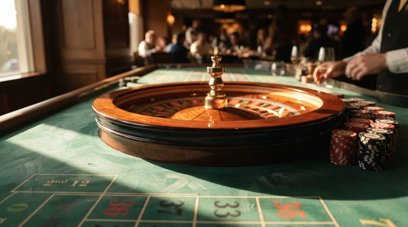 Roda de roleta e fichas sobre feltro verde, sob uma luz quente de fim de tarde — caça-níqueis em casinos portugueses