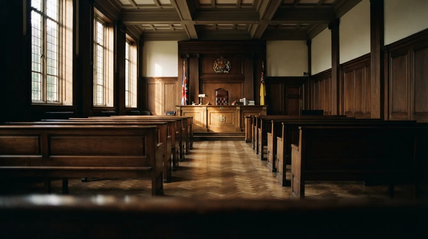 Sala de tribunal vazia com painéis de madeira, à luz da manhã — caça-níqueis grátis em portugal
