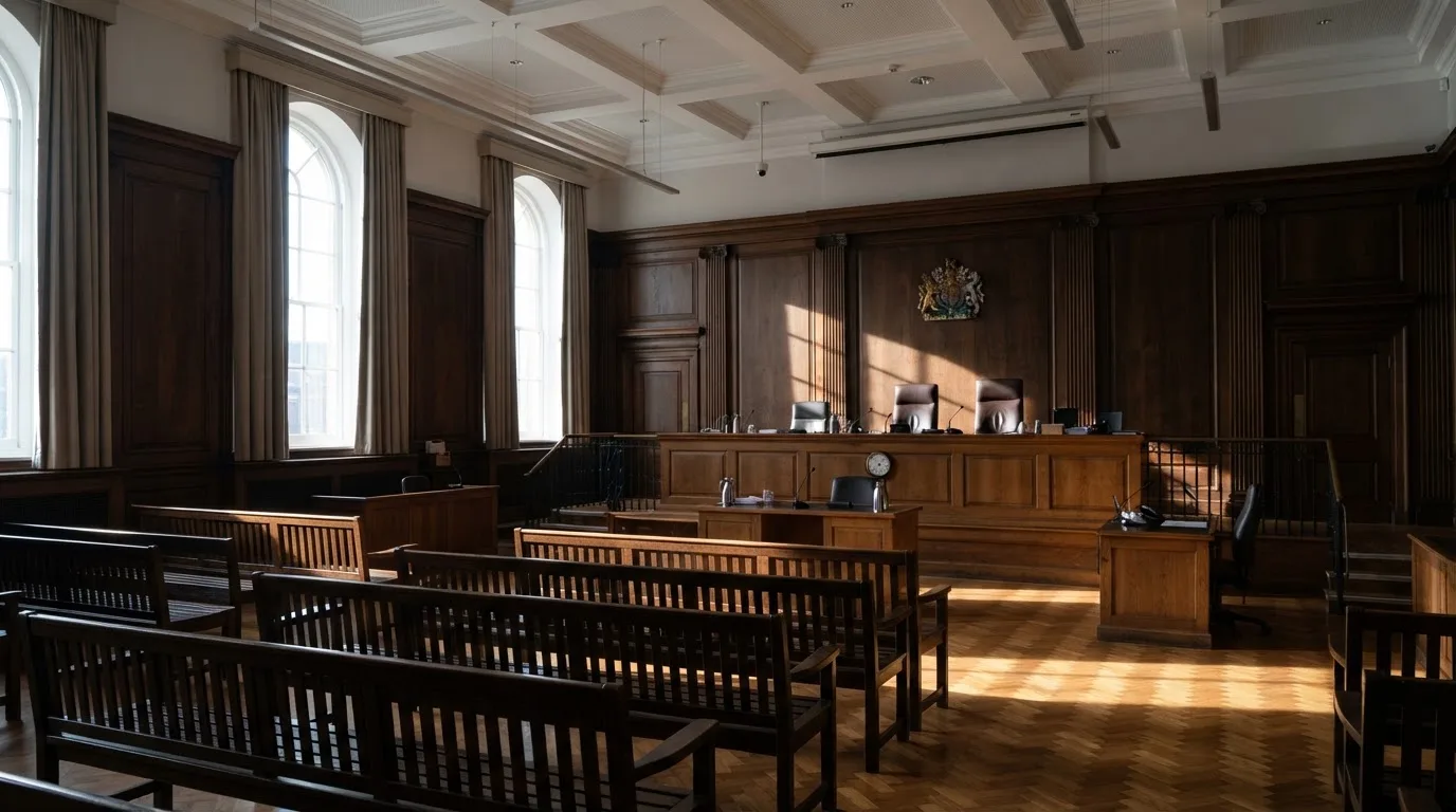 Sala de tribunal vazia com painéis de madeira, à luz da manhã — casino apostas em portugal