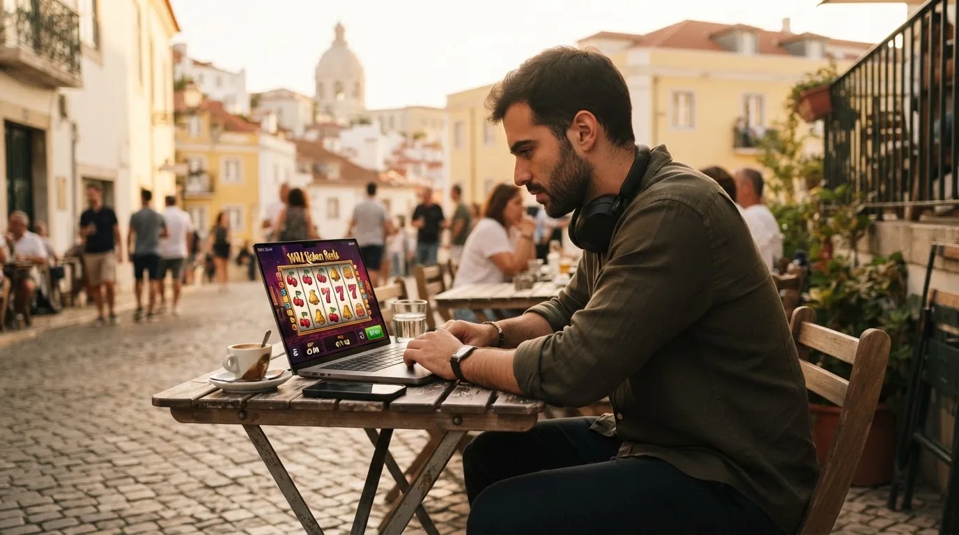 Jovem a trabalhar num café com portátil e auscultadores ao pescoço, esplanada de Lisboa ao fundo, luz suave.