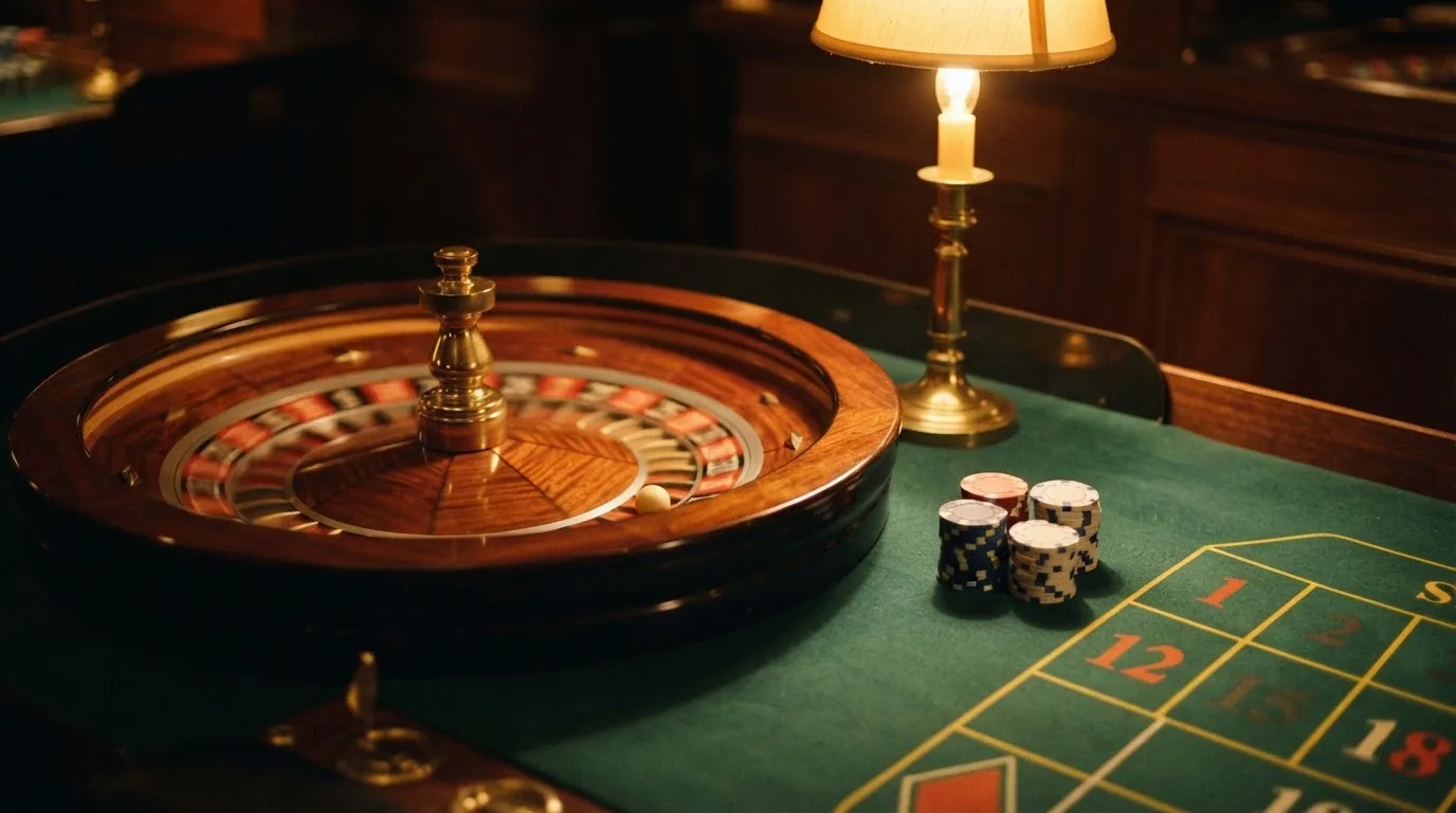Roda de roleta e fichas sobre feltro verde, sob uma luz quente de fim de tarde — casino com bônus no cadastro pt