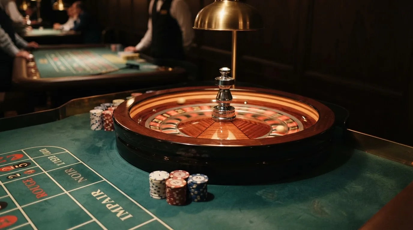 Roda de roleta e fichas sobre feltro verde, sob uma luz quente de fim de tarde — casino com dinheiro em portugal