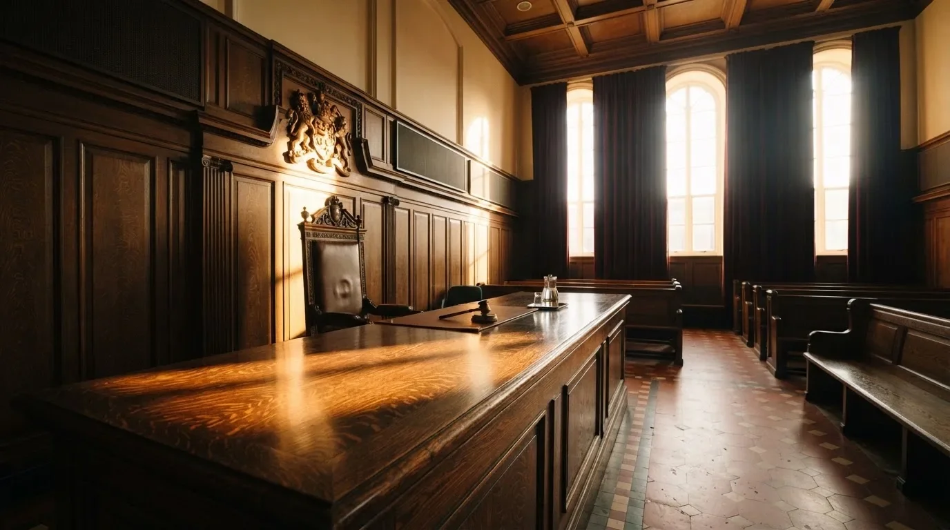 Sala de tribunal vazia com painéis de madeira, à luz da manhã — casino com ethereum em portugal