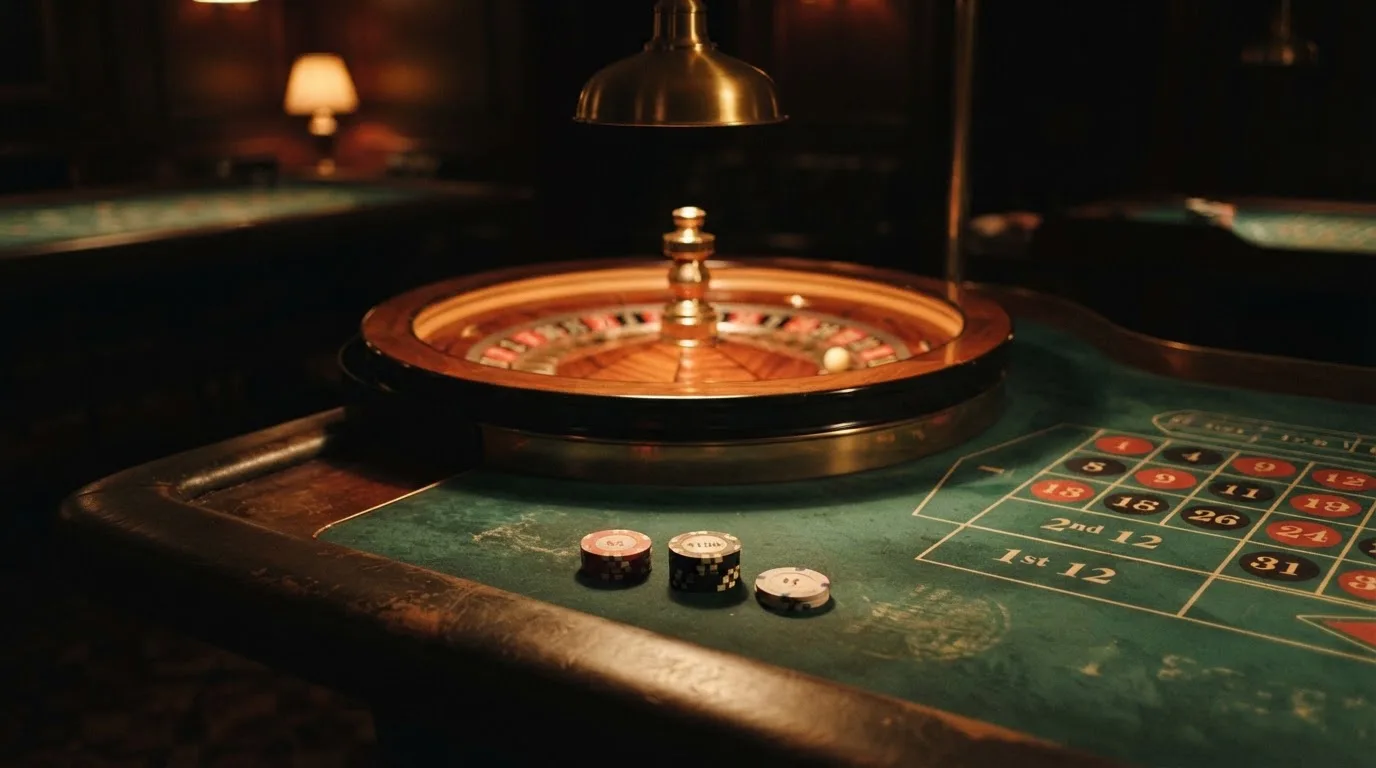 Roda de roleta e fichas sobre feltro verde, sob uma luz quente de fim de tarde — casino com ethereum em portugal