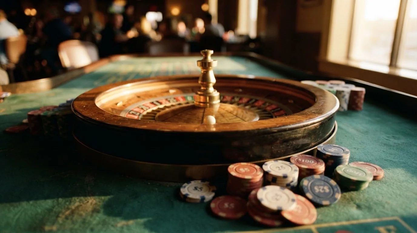 Roda de roleta e fichas sobre feltro verde, sob uma luz quente de fim de tarde — casino com free spins em portugal