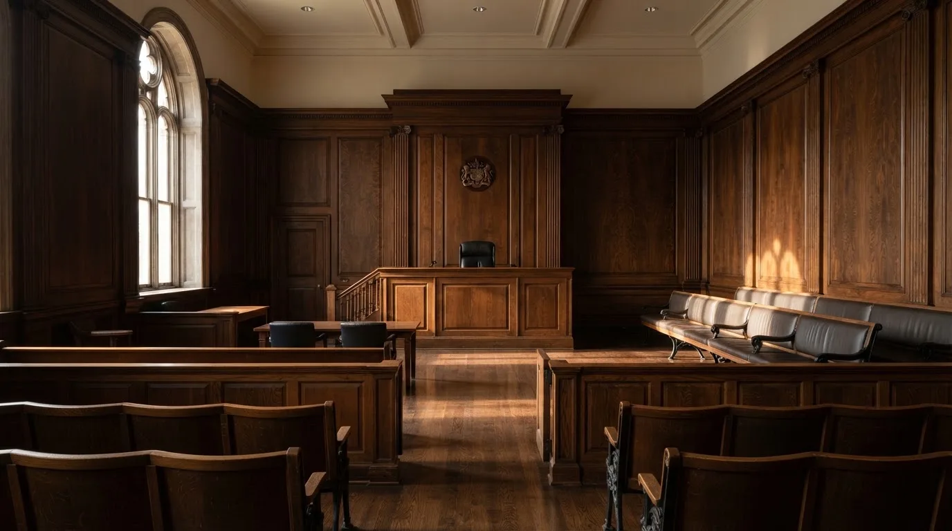 Sala de tribunal vazia com painéis de madeira, à luz da manhã — casino com grátis spins pt