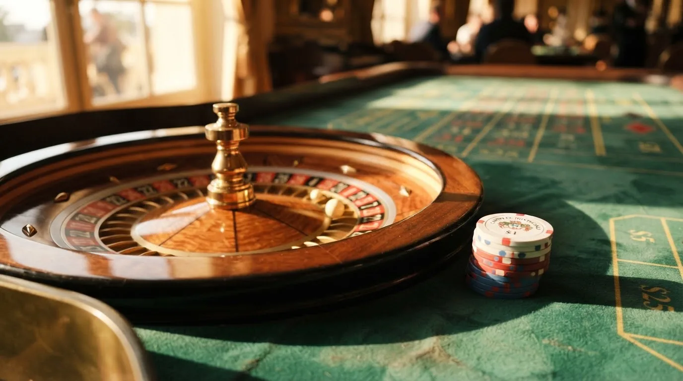 Roda de roleta e fichas sobre feltro verde, sob uma luz quente de fim de tarde — casino com grátis spins pt