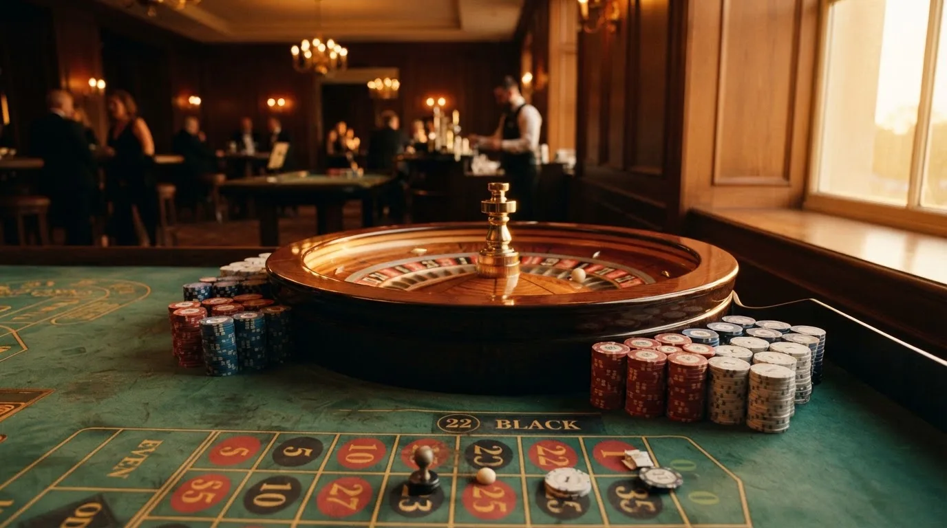 Roda de roleta e fichas sobre feltro verde, sob uma luz quente de fim de tarde — casino com litecoin em portugal
