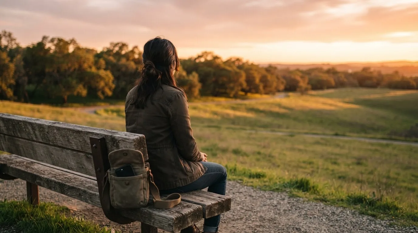 Pessoa sentada num banco de jardim ao pôr do sol, a olhar para o horizonte, com o telemóvel guardado numa mala.