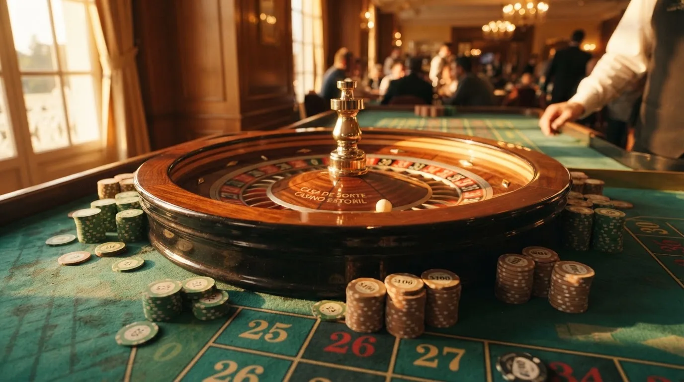 Roda de roleta e fichas sobre feltro verde, sob uma luz quente de fim de tarde — casino é confiável em portugal
