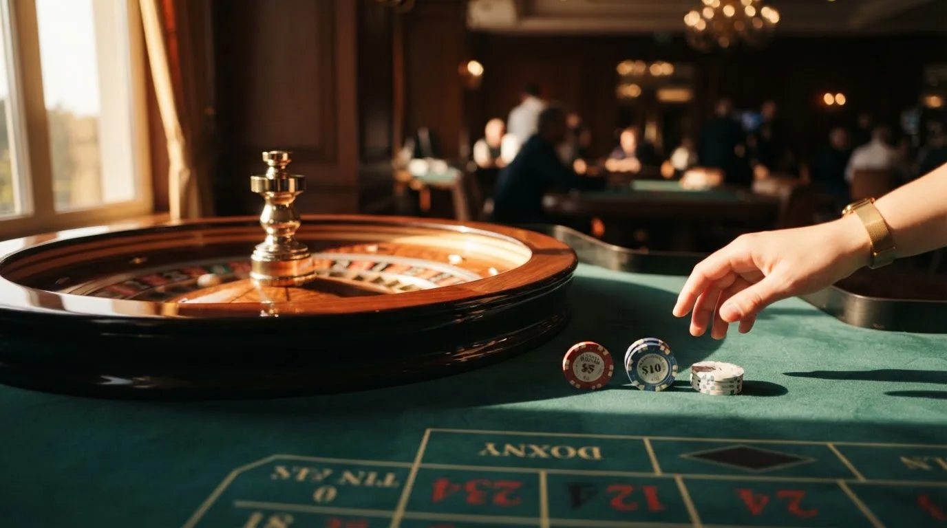 Roda de roleta e fichas sobre feltro verde, sob uma luz quente de fim de tarde — casino slots portugues