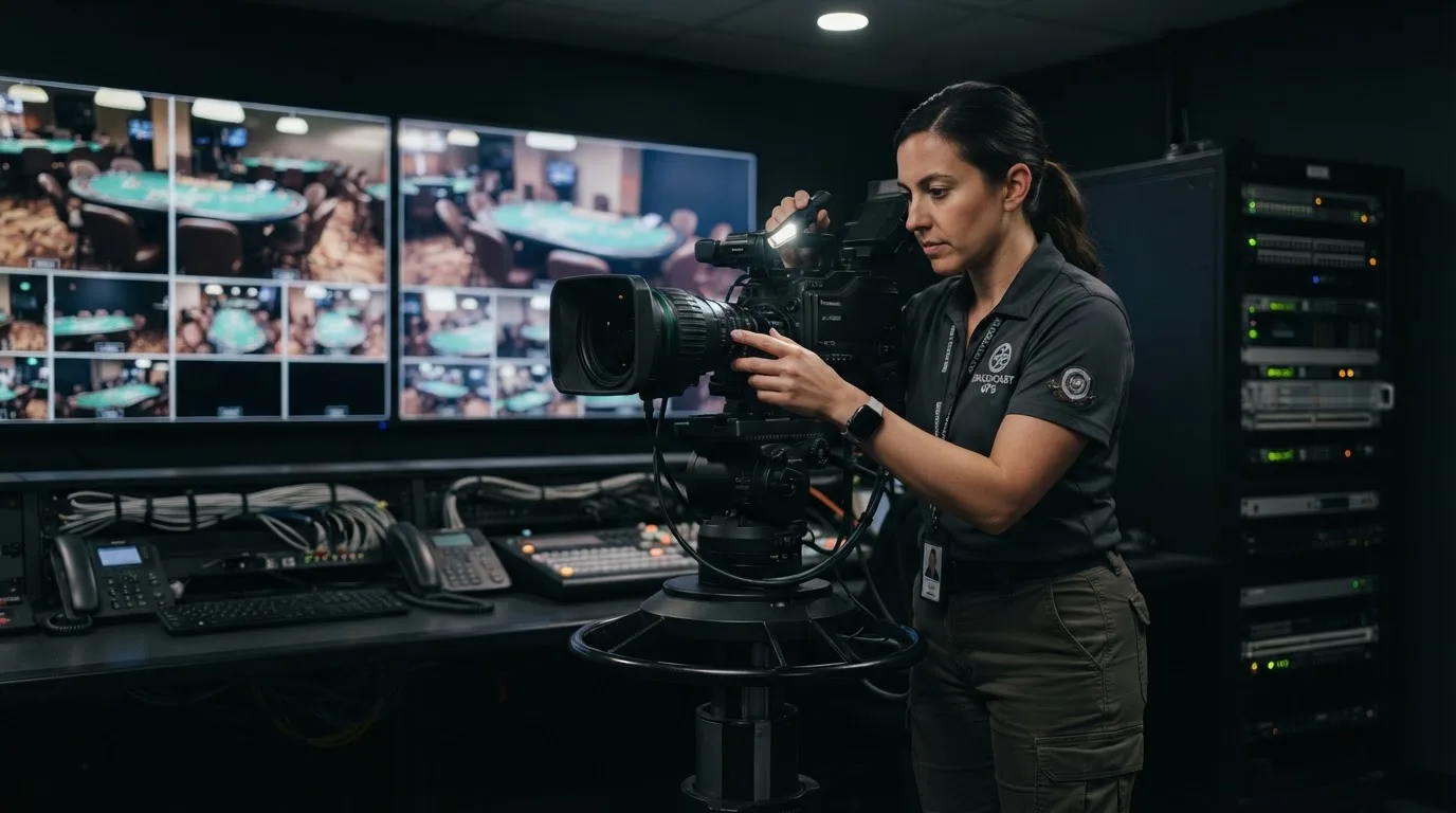 Técnico de uniforme escuro a verificar câmaras e equipamento numa sala de controlo de um estúdio de televisão, com vários monitores desfocados.