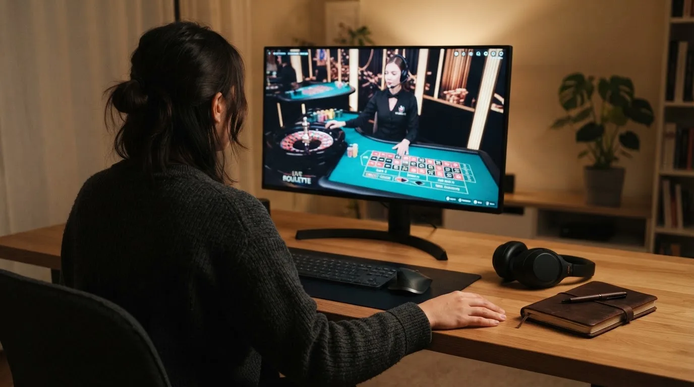 Pessoa sentada à secretária a ver um estúdio de casino em direto num monitor largo, com auscultadores e um caderno fechado ao lado.