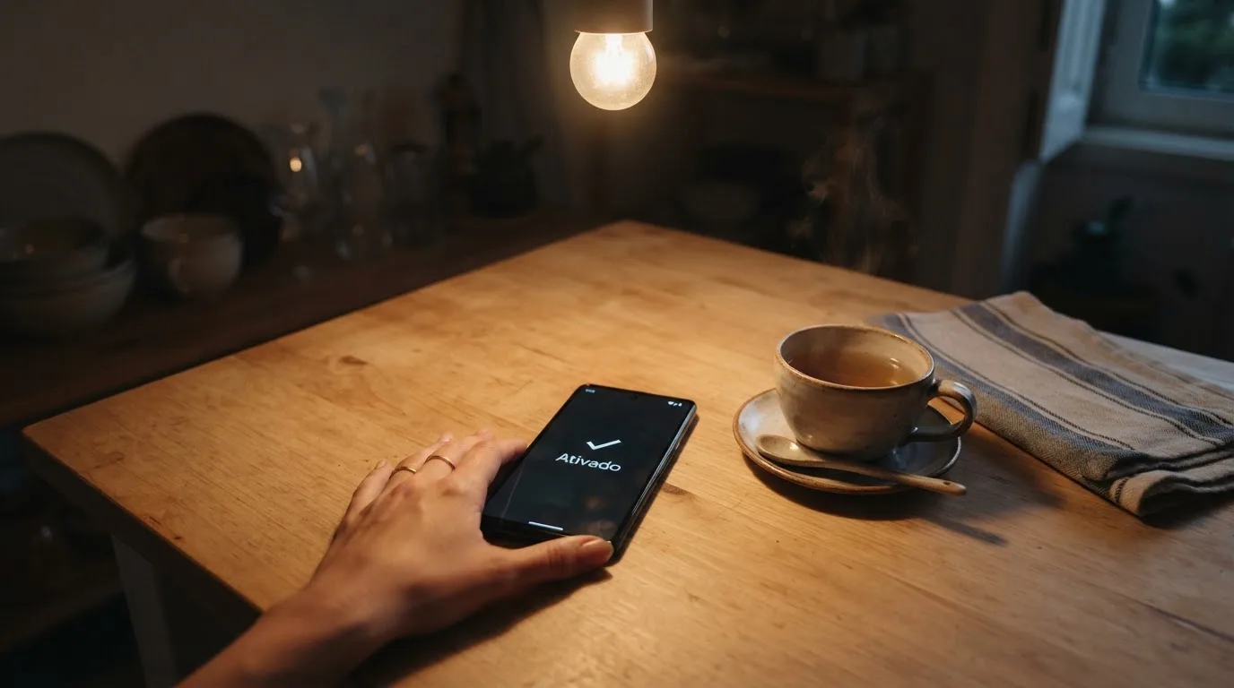 Mão a segurar um telemóvel ao lado de uma chávena de chá numa mesa de cozinha, numa noite tranquila — casinos com dinheiro em portugal