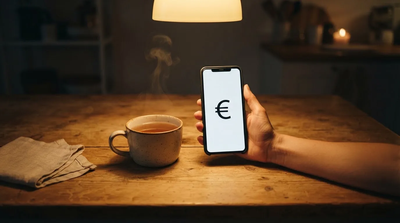 Mão a segurar um telemóvel ao lado de uma chávena de chá numa mesa de cozinha, numa noite tranquila — casinos legais em portugal