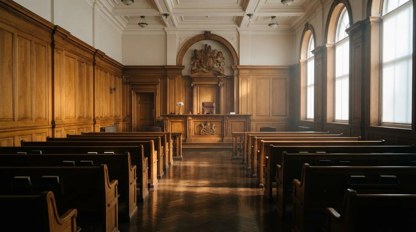 Sala de tribunal vazia com painéis de madeira, à luz da manhã — casinos legais em portugal