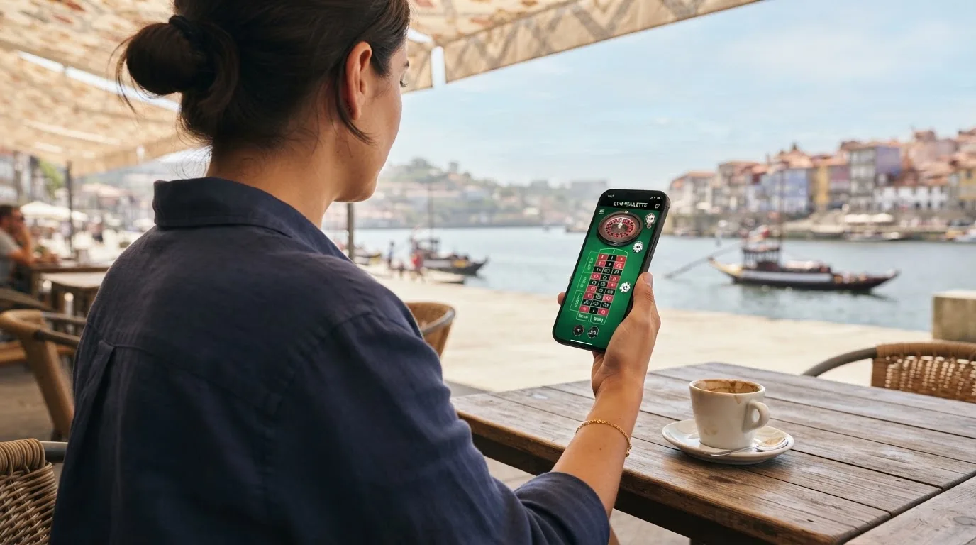 Pessoa a jogar no telemóvel numa esplanada, com um café pousado na mesa e o rio ao fundo, sob sol suave.