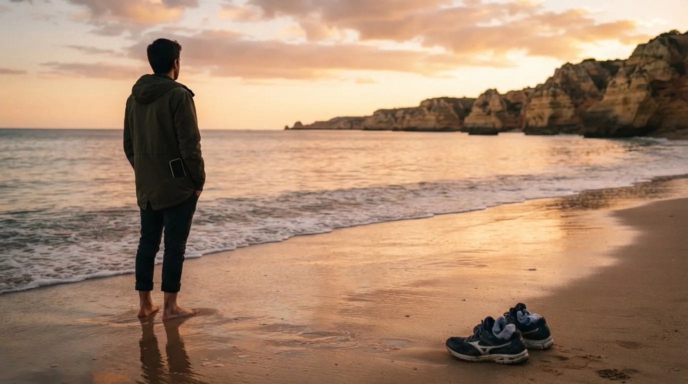 Pessoa de costas a olhar o mar numa praia do Algarve ao fim da tarde, com ar sereno e telemóvel guardado no bolso.