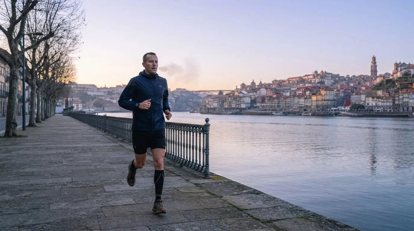 Homem a correr num passeio junto ao rio Douro ao amanhecer, com roupa desportiva e respiração visível no ar fresco.