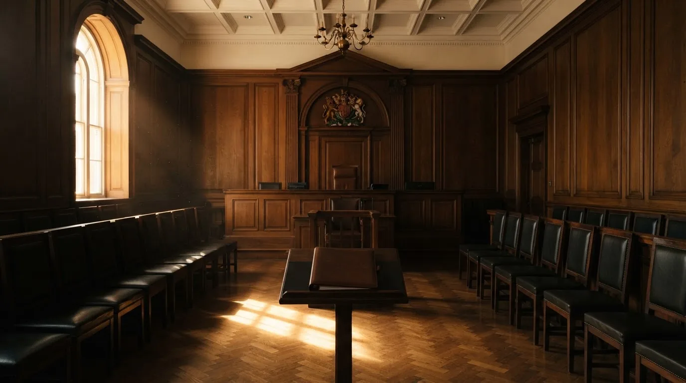 Sala de tribunal vazia com painéis de madeira, à luz da manhã — cassinos ao vivo em portugal