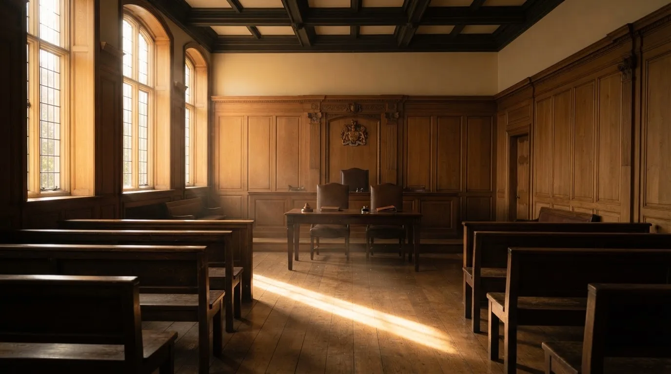 Sala de tribunal vazia com painéis de madeira, à luz da manhã — estratégia de roleta para portugueses