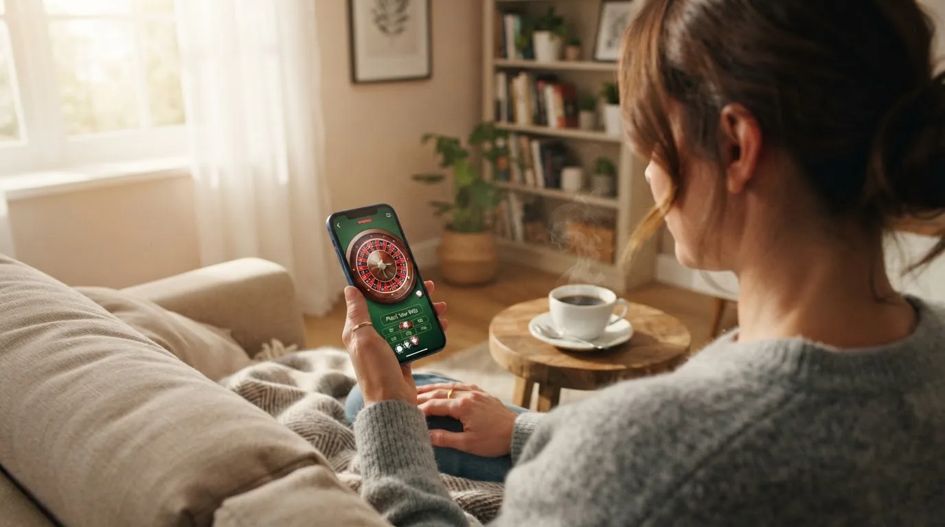 Mulher sentada num sofá a jogar roleta no telemóvel, com uma chávena de café na mesa e luz natural a entrar pela janela.